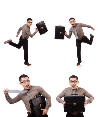 Genç adam beyaz izole evrak çantası elinde