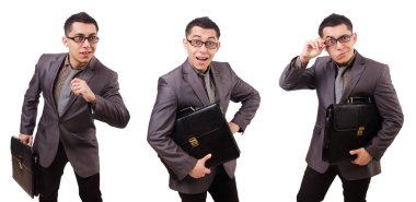 Genç adam beyaz izole evrak çantası elinde