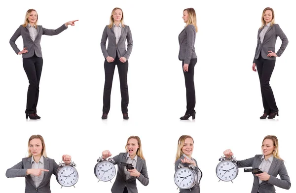 Mujer de negocios en traje gris aislado en blanco — Foto de Stock