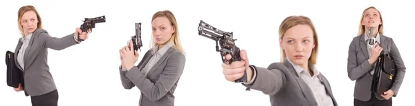 Femeie de afaceri cu pistol izolat pe alb — Fotografie, imagine de stoc