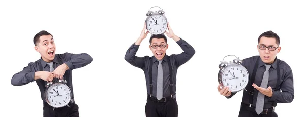 Divertido hombre de negocios con reloj aislado en blanco — Foto de Stock