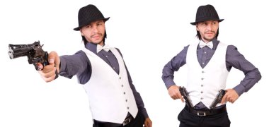 Silahlı bir adam beyazın üzerinde izole edilmiş.