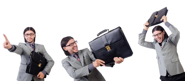 Jonge zakenman in grijs pak werkmap geïsoleerd op whi te houden — Stockfoto