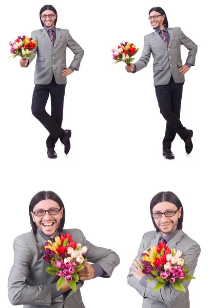 Homem com flores isoladas no branco — Fotografia de Stock