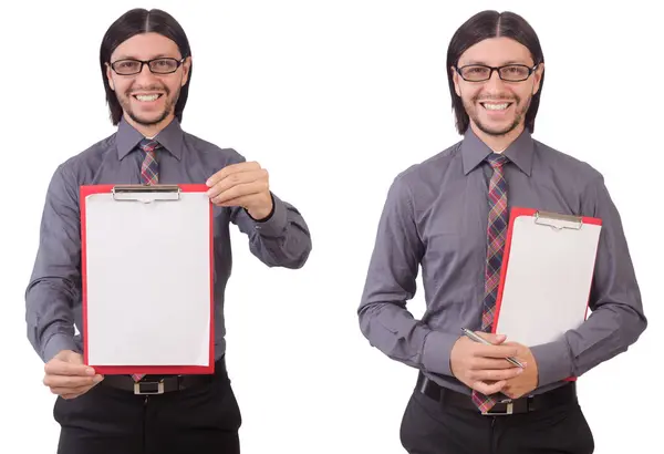 Joven empresario con papel aislado sobre blanco —  Fotos de Stock