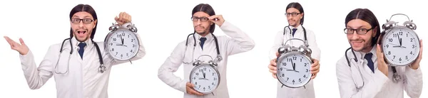 Man doctor with clock isolated on white — Stock Photo, Image