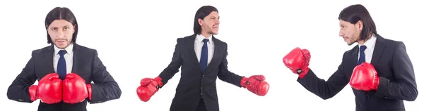 Geschäftsmann mit Boxhandschuhen auf weiß — Stockfoto