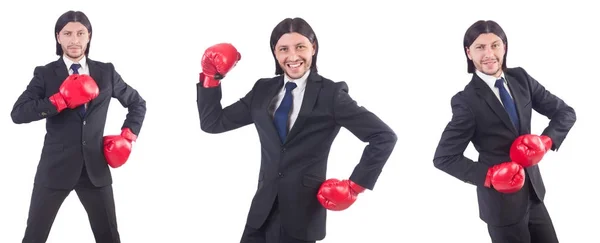 Geschäftsmann mit Boxhandschuhen auf weiß — Stockfoto