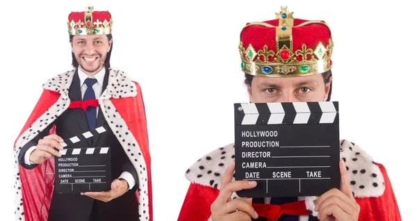 Rei homem de negócios com placa de filme isolado em branco — Fotografia de Stock