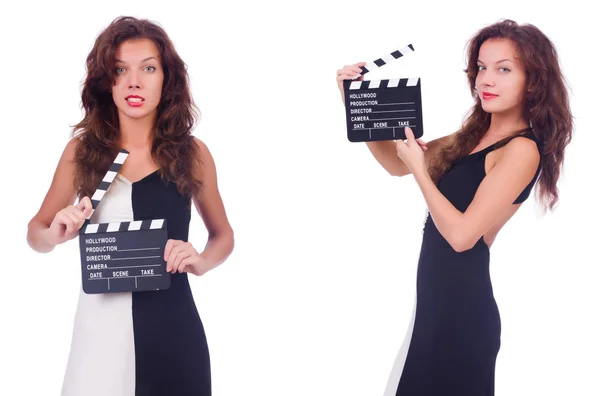 Mujer con tablero de película clapper aislado en blanco —  Fotos de Stock