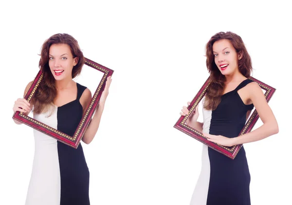 Woman with picture frame on white — Stock Photo, Image