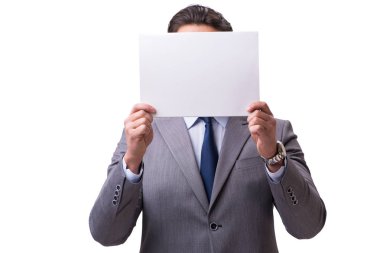 İşadamı ile üzerine beyaz izole boş mesaj panosu