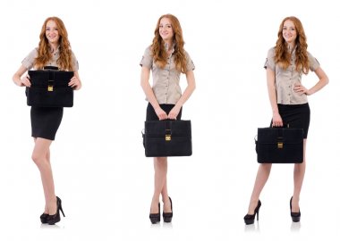 Genç ve güzel çalışan beyaz izole evrak çantası ile