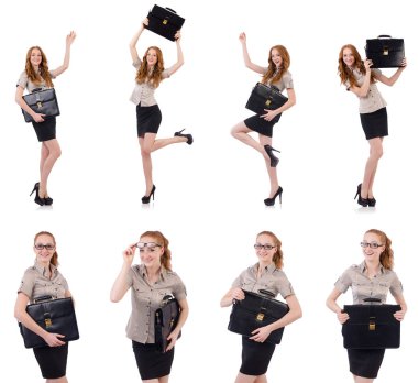 Genç ve güzel çalışan beyaz izole evrak çantası ile