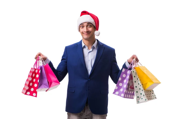 Jovem com sacos após o Natal compras em fundo branco — Fotografia de Stock