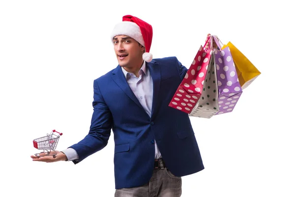 Young man with bags after christmas shopping on white background — Stock Photo, Image