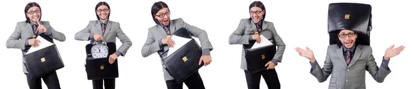 Young businessman in gray suit holding briefcase isolated on whi — Stock Photo, Image