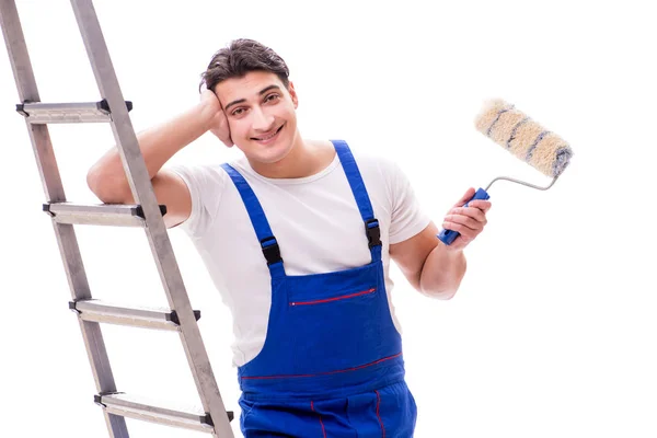 Jovem pintor homem com escada isolada no fundo branco — Fotografia de Stock