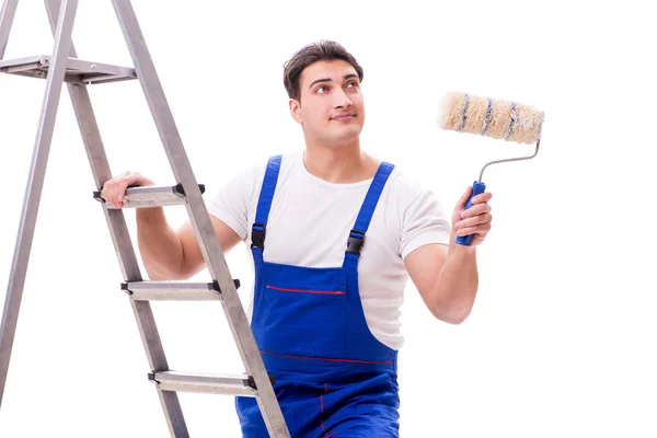 Jovem pintor homem com escada isolada no fundo branco — Fotografia de Stock