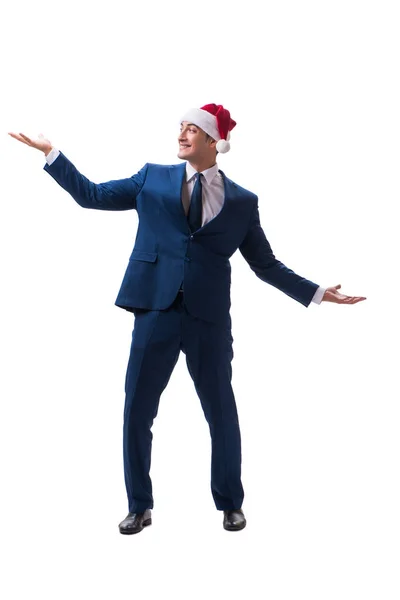 Joven hombre de negocios con sombrero de santa en el concepto de Navidad en blanco — Foto de Stock