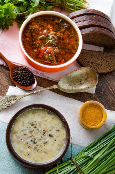 Borschtsch und Pilzsuppe auf dem Tisch — Stockfoto