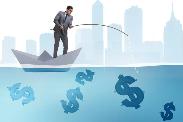 Businessman fishing dollars money from paper boat ship — Stock Photo, Image