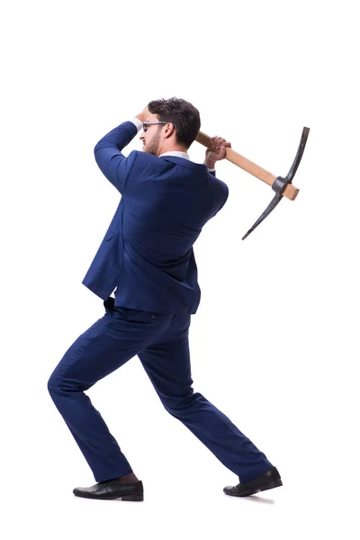 Joven hombre de negocios con hacha aislada en blanco — Foto de Stock