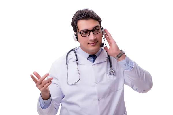 Young doctor with phone headset isolated on white — Stock Photo, Image