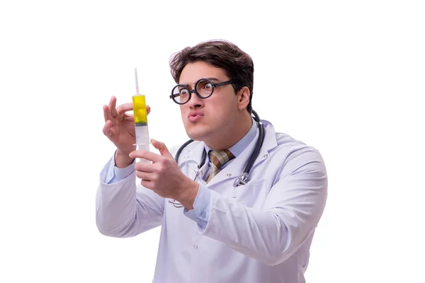Médico divertido con jeringa aislada en blanco — Foto de Stock