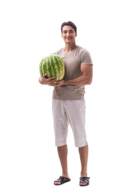 Karpuzlu genç adam beyazda izole edilmiş.