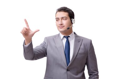 Beyaz arka plan üzerinde izole çağrı merkezi çalışanı