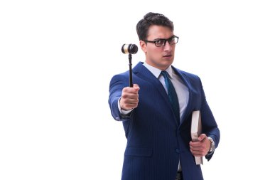 Beyaz arka planda tokmağı olan avukat hukuk öğrencisi.