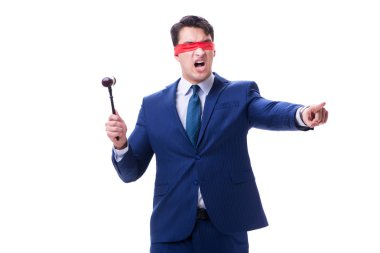 Avukat beyaz izole bir tokmak holding göz bağı ile