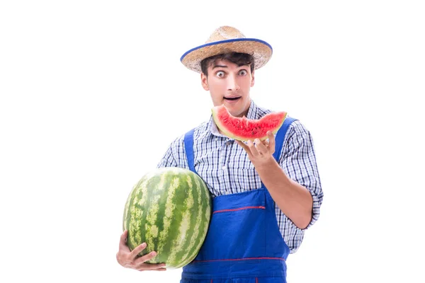 Młody rolnik z arbuza na białym tle — Zdjęcie stockowe