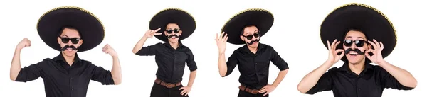 Αστείος άνθρωπος φορώντας μεξικάνικο καπέλο σομπρέρο απομονωμένο σε λευκό — Φωτογραφία Αρχείου