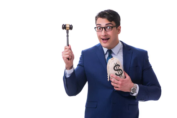 Advogado com um martelo e um dinheiro de saco de dinheiro mal isolado em branco — Fotografia de Stock