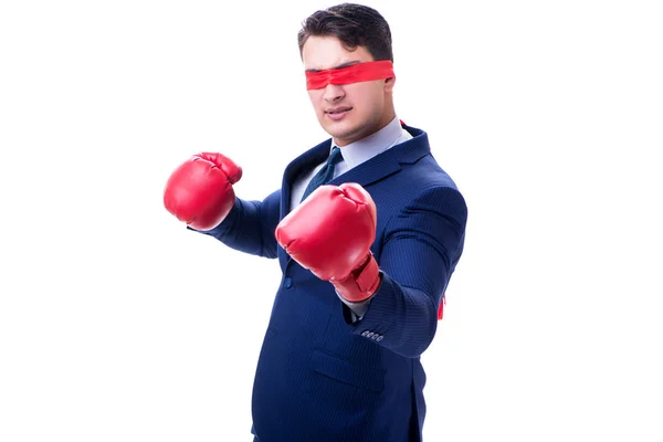 Abogado con los ojos vendados usando guantes de boxeo aislados en blanco — Foto de Stock