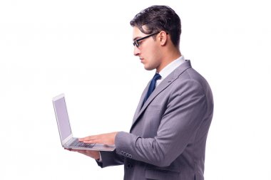 Genç işadamı izole laptop beyaz üzerinde çalışma