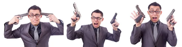 Funny businessman with gun on white — Stock Photo, Image