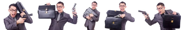 Uomo d'affari divertente con pistola su bianco — Foto Stock