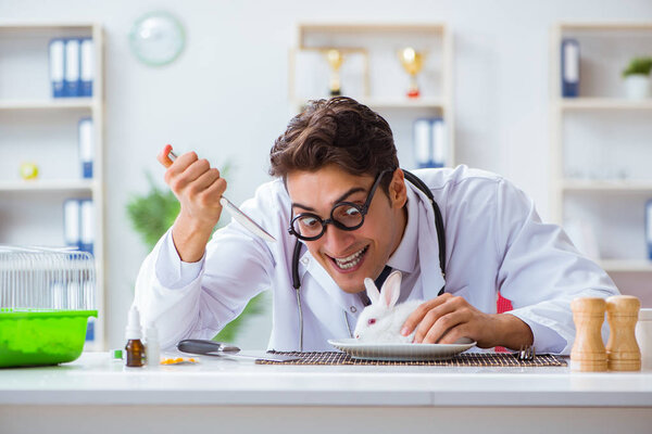 Сумасшедший доктор готовится съесть кролика