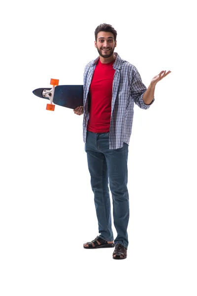 Jonge skateboarder met een longboard skateboard geïsoleerd op wit — Stockfoto