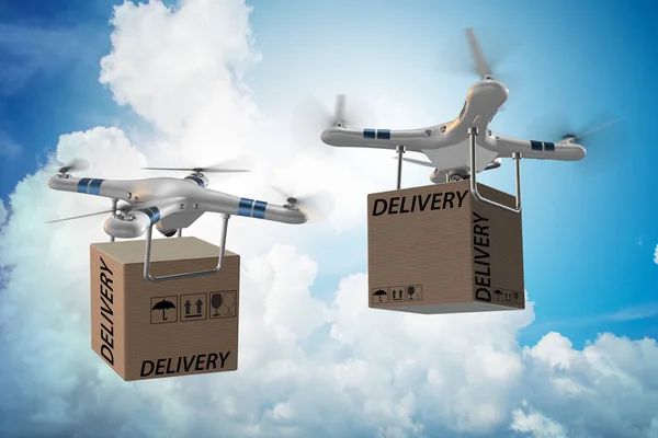 Conceito de entrega de drones com caixa no ar — Fotografia de Stock