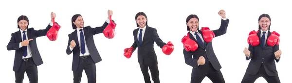 Empresário com luvas de boxe em branco — Fotografia de Stock