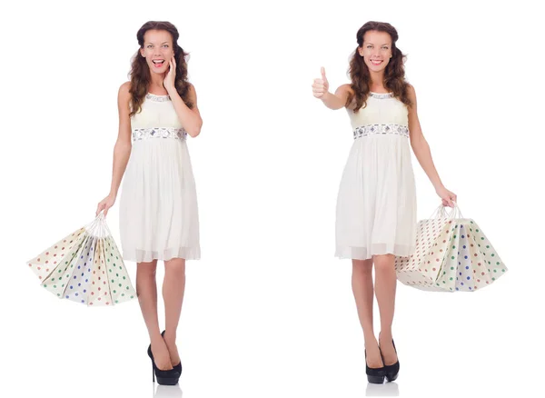 Set von Frau mit Einkaufstaschen auf weiß — Stockfoto