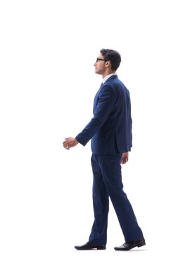 İşadamı yürüme ayakta yan görüntülemek izole üzerinde beyaz backgro