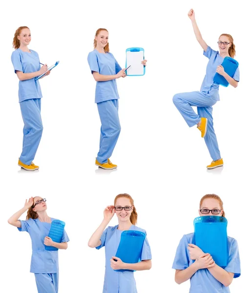 Ganska Dans läkare i blå uniform med dokument som isolerade — Stockfoto