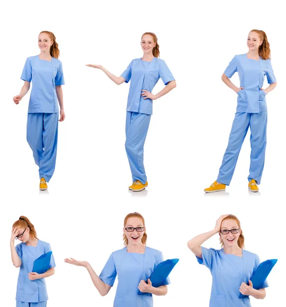 Ładny taniec lekarz w jednolity niebieski z dokumentów na białym tle — Zdjęcie stockowe