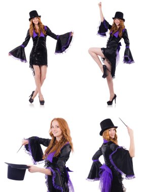 Güzel kız mor karnaval giyim ve üzerinde beyaz izole şapka