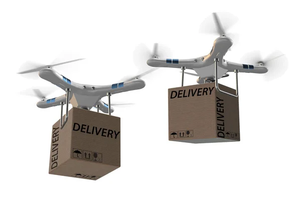 Concetto di consegna drone con box in aria - rendering 3d — Foto Stock